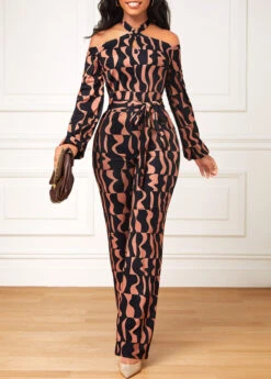 Geometric Print Cut Out Belted Dark Coffee Jumpsuit