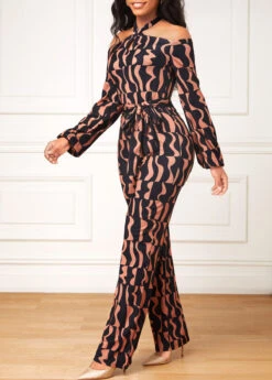 Geometric Print Cut Out Belted Dark Coffee Jumpsuit -Rosewe Promotion Store 317614 P 16696337265552