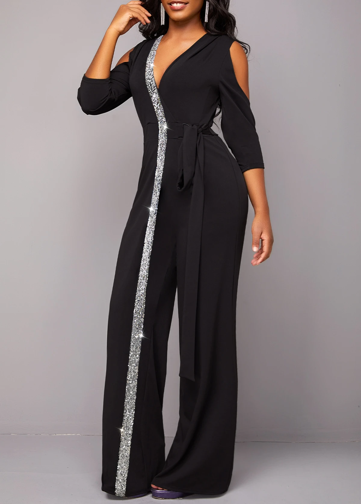 Metal Ring Black Cold Shoulder V Neck Jumpsuit 5 Metal Ring Black Cold Shoulder V Neck Jumpsuit - Image 3