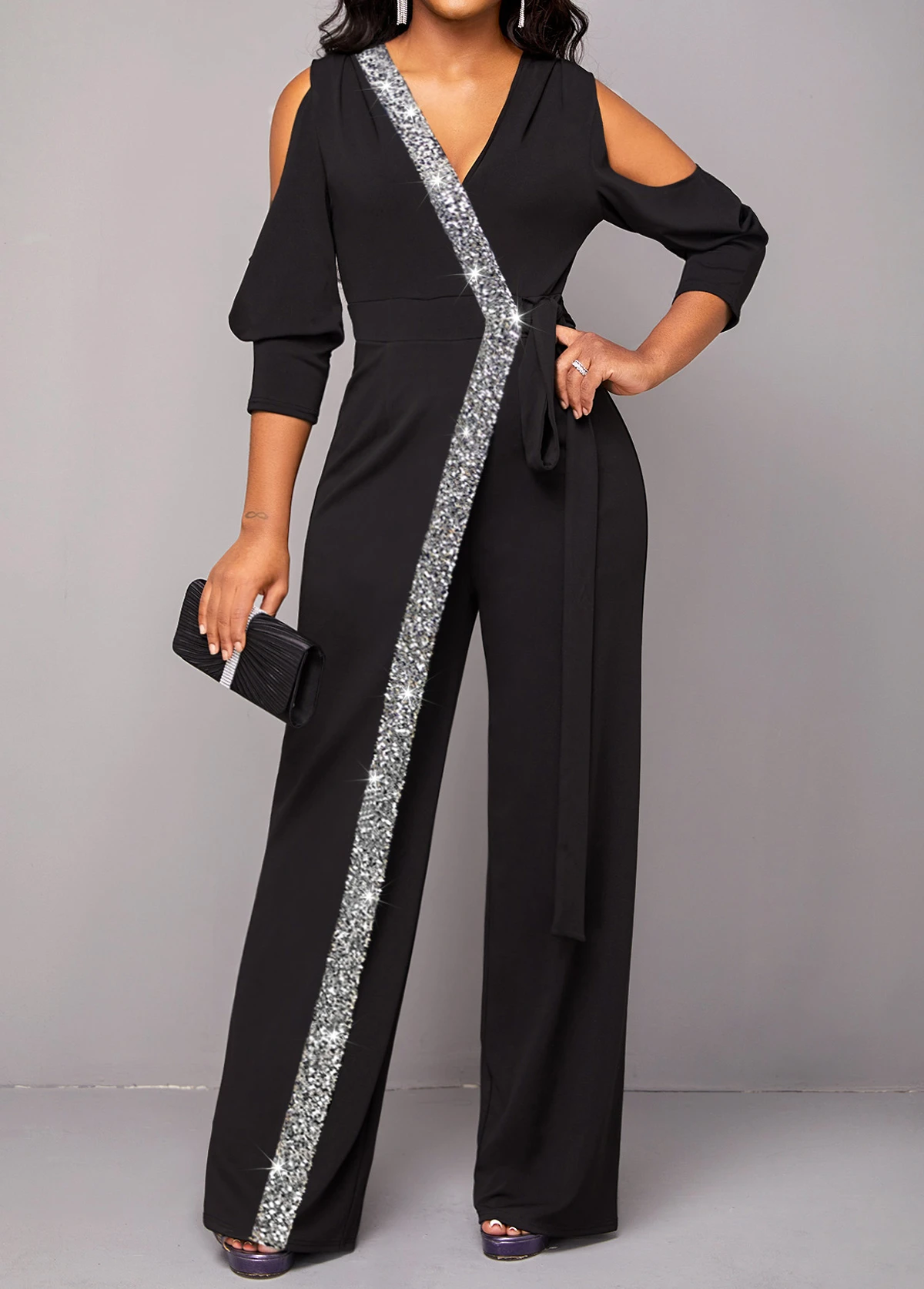 Metal Ring Black Cold Shoulder V Neck Jumpsuit 7 Metal Ring Black Cold Shoulder V Neck Jumpsuit - Image 5