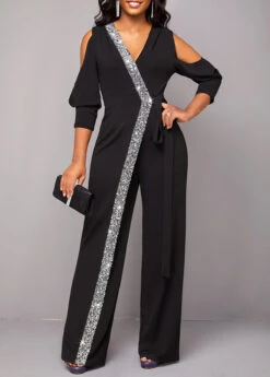 Metal Ring Black Cold Shoulder V Neck Jumpsuit