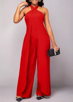 Criss Cross Tie Back Red Sleeveless Jumpsuit