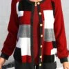 Long Sleeve Button Up Red Patchwork Cardigan