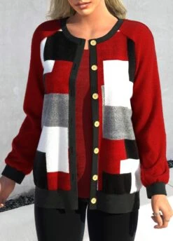Long Sleeve Button Up Red Patchwork Cardigan -Rosewe Promotion Store 317771 P 1670578996079