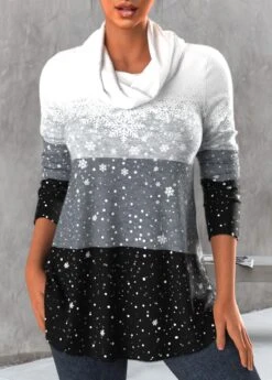 Snowflake Print Cowl Neck Grey Long Sleeve Sweatshirt