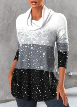 Snowflake Print Cowl Neck Grey Long Sleeve Sweatshirt -Rosewe Promotion Store 317861 P 1666233565364