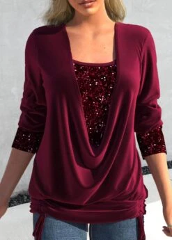 Plus Size Wine Red Square Neck Sequin T Shirt -Rosewe Promotion Store 317874 P 1670462145934