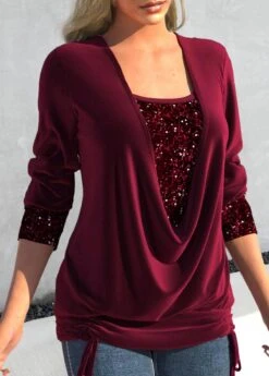 Plus Size Wine Red Square Neck Sequin T Shirt -Rosewe Promotion Store 317874 P 1670462146444