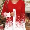 Snowflake Print Fake 2in1 Red Draped Neck Sweatshirt -Rosewe Promotion Store 317892 P 1666254488442