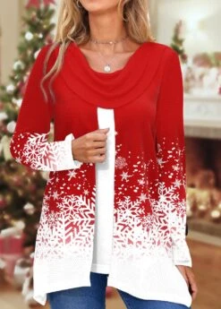 Snowflake Print Fake 2in1 Red Draped Neck Sweatshirt