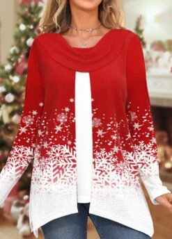 Snowflake Print Fake 2in1 Red Draped Neck Sweatshirt -Rosewe Promotion Store 317892 P 1666254489161