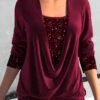 Plus Size Wine Red Square Neck Sequin T Shirt -Rosewe Promotion Store 318037 P 1670462156467