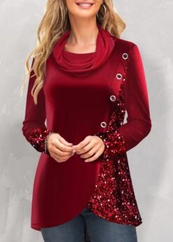 Wine Red Cowl Neck Eyelet Long Sleeve Sweatshirt