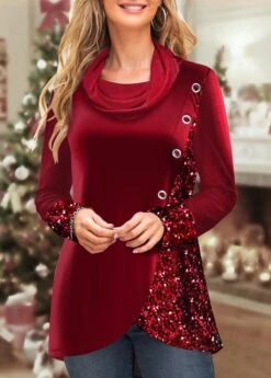 Wine Red Cowl Neck Eyelet Long Sleeve Sweatshirt -Rosewe Promotion Store 318094 P 1670402880319