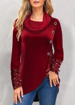 Wine Red Cowl Neck Eyelet Long Sleeve Sweatshirt -Rosewe Promotion Store 318094 P 1670402880697