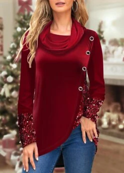 Wine Red Cowl Neck Eyelet Long Sleeve Sweatshirt -Rosewe Promotion Store 318094 P 1670402881298