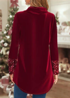 Wine Red Cowl Neck Eyelet Long Sleeve Sweatshirt -Rosewe Promotion Store 318094 P 1670402881523