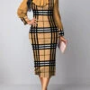 Plus Size Plaid Patchwork Light Camel Stand Collar Bodycon Dress -Rosewe Promotion Store 318109 P 1666686413315