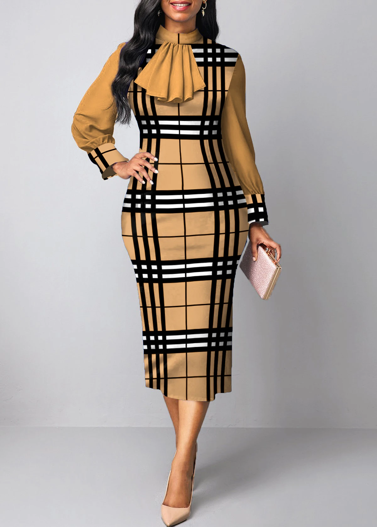Plus Size Plaid Patchwork Light Camel Stand Collar Bodycon Dress 3 Plus Size Plaid Patchwork Light Camel Stand Collar Bodycon Dress