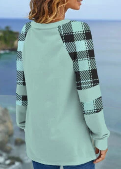 Tartan Print V Neck Mint Green Sweatshirt -Rosewe Promotion Store 318110 P 1666592344327 1