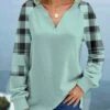 Mint Green Plus Size Split Plaid Sweatshirt -Rosewe Promotion Store 318110 P 1666592344440