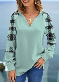 Mint Green Plus Size Split Plaid Sweatshirt