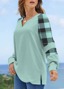 Tartan Print V Neck Mint Green Sweatshirt -Rosewe Promotion Store 318110 P 1666592344850 1