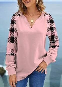 Tartan Print V Neck Light Pink Sweatshirt -Rosewe Promotion Store 318111 P 1666592357617 1