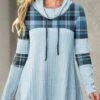 Plaid Patchwork Light Blue Cowl Neck Sweatshirt -Rosewe Promotion Store 318234 P 1667205841425