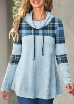 Plaid Patchwork Light Blue Cowl Neck Sweatshirt
