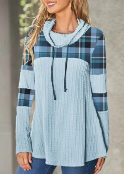 Plaid Patchwork Light Blue Cowl Neck Sweatshirt -Rosewe Promotion Store 318234 P 1667205842067