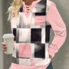Plaid Lace Up Pink Long Sleeve Sweatshirt -Rosewe Promotion Store 318243 P 1666682557189