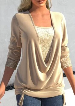 Champagne Square Neck Long Sleeve Sequin T Shirt -Rosewe Promotion Store 318271 P 1670462216796