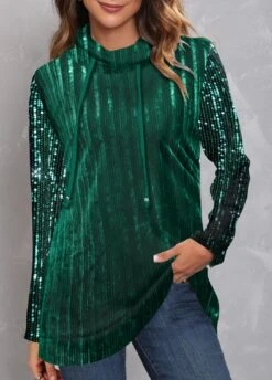 Drawstring Green Sequin Velvet Stitching Sweatshirt -Rosewe Promotion Store 318484 P 1668414769523