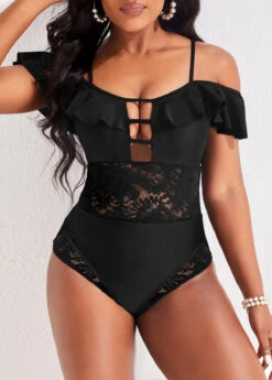 Spaghetti Strap Lace Black One Piece Swimwear