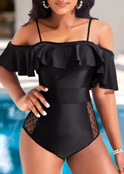 Flounce Lace Black One Piece Swimwear