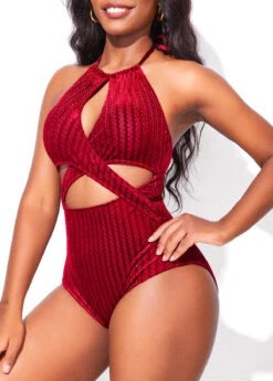 Cutout Criss Cross Wine Red One Piece Swimwear -Rosewe Promotion Store 318613 P 16693710921412
