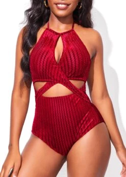 Cutout Criss Cross Wine Red One Piece Swimwear -Rosewe Promotion Store 318613 P 16693710924353