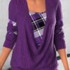 Plaid Patchwork Dark Purple Square Neck Sweatshirt -Rosewe Promotion Store 318642 P 1667278098755