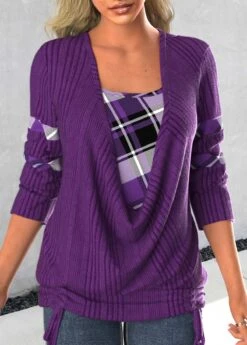 Plaid Patchwork Dark Purple Square Neck Sweatshirt