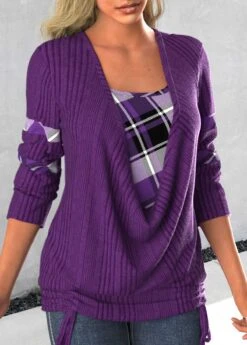 Plaid Patchwork Dark Purple Square Neck Sweatshirt -Rosewe Promotion Store 318642 P 1667278099263