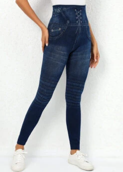 Navy Elastic Waist High Waisted Leggings -Rosewe Promotion Store 318672 P 16680614781742