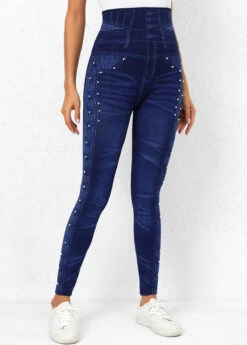 Beaded Denim Blue Elastic Waist Leggings -Rosewe Promotion Store 318674 P 16680614752802