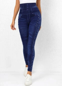 Beaded Denim Blue Elastic Waist Leggings -Rosewe Promotion Store 318674 P 16680614753323