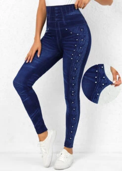 Beaded Denim Blue Elastic Waist Leggings