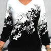 Floral Print V Neck Long Sleeve Black Sweatshirt -Rosewe Promotion Store 318725 P 1667381796350