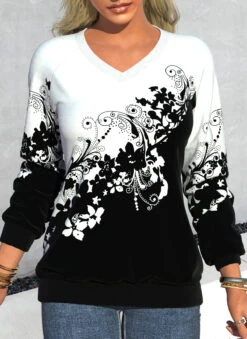 Floral Print V Neck Long Sleeve Black Sweatshirt