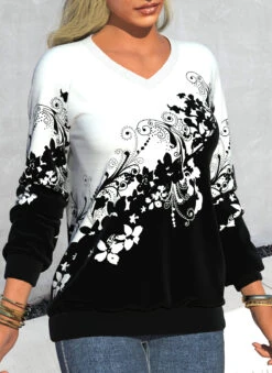 Floral Print V Neck Long Sleeve Black Sweatshirt -Rosewe Promotion Store 318725 P 1667381797020