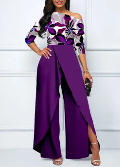 Floral Print Split Purple Long Boat Neck Jumpsuit -Rosewe Promotion Store 318728 P 1667367582104