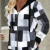 Geometric Print Zipper Black Long Sleeve Hoodie